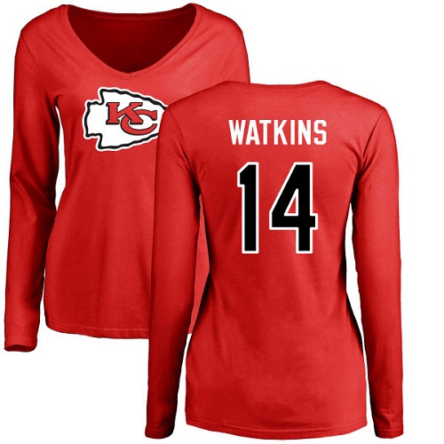 Women Football Kansas City Chiefs #14 Watkins Sammy Red Name and Number Logo Slim Fit Long Sleeve T-Shirt